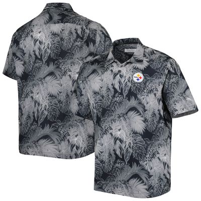 Men's Tommy Bahama Black Pittsburgh Steelers Coast Luminescent Fronds Camp IslandZone Button-Up Shirt