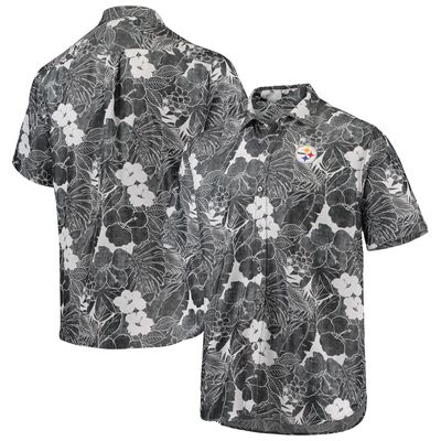 Men's Tommy Bahama Black Pittsburgh Steelers Coconut Point Playa Floral IslandZone Button-Up Shirt