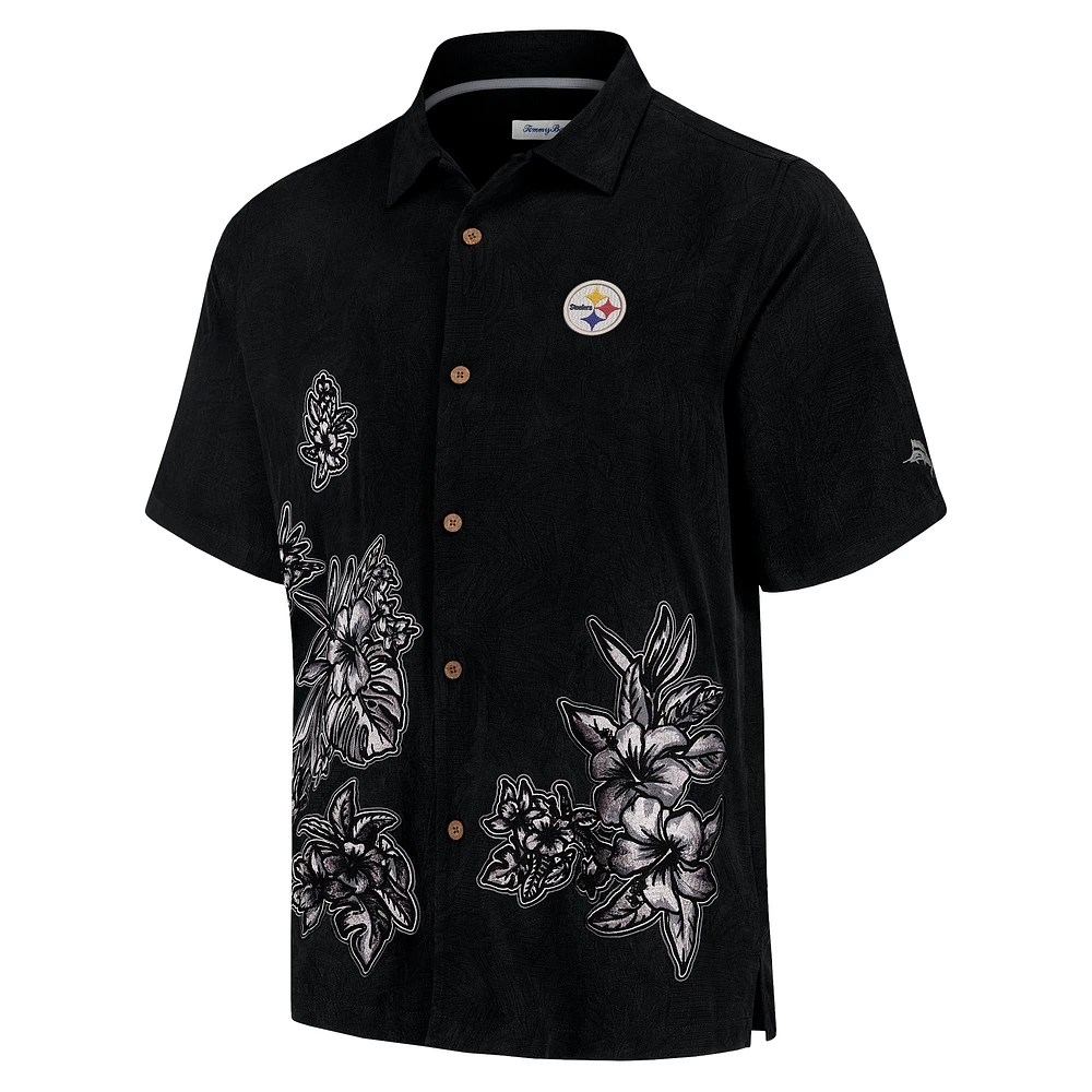 Men's Tommy Bahama Black Pittsburgh Steelers Hibiscus Camp Button-Up Shirt