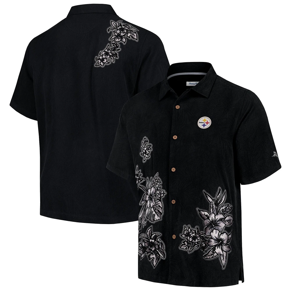 Chemise boutonnée Tommy Bahama noire Pittsburgh Steelers Hibiscus Camp pour hommes