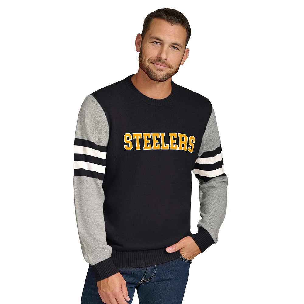 Men's Tommy Hilfiger Black/Heather Gray Pittsburgh Steelers Acrylic Crewneck Pullover Sweatshirt