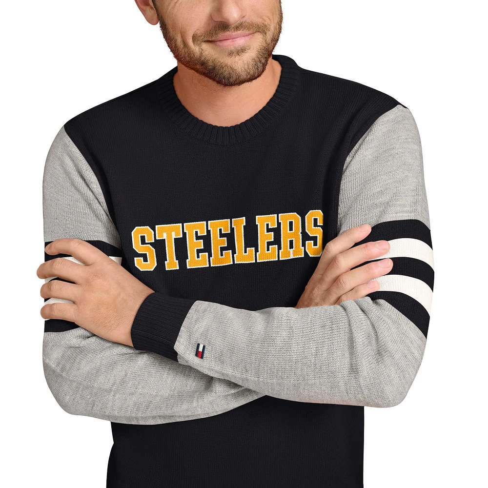 Men's Tommy Hilfiger Black/Heather Gray Pittsburgh Steelers Acrylic Crewneck Pullover Sweatshirt