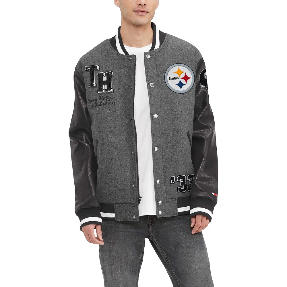 Veste universitaire entièrement zippée Tommy Hilfiger pour hommes gris chiné/noir Pittsburgh Steelers Gunner