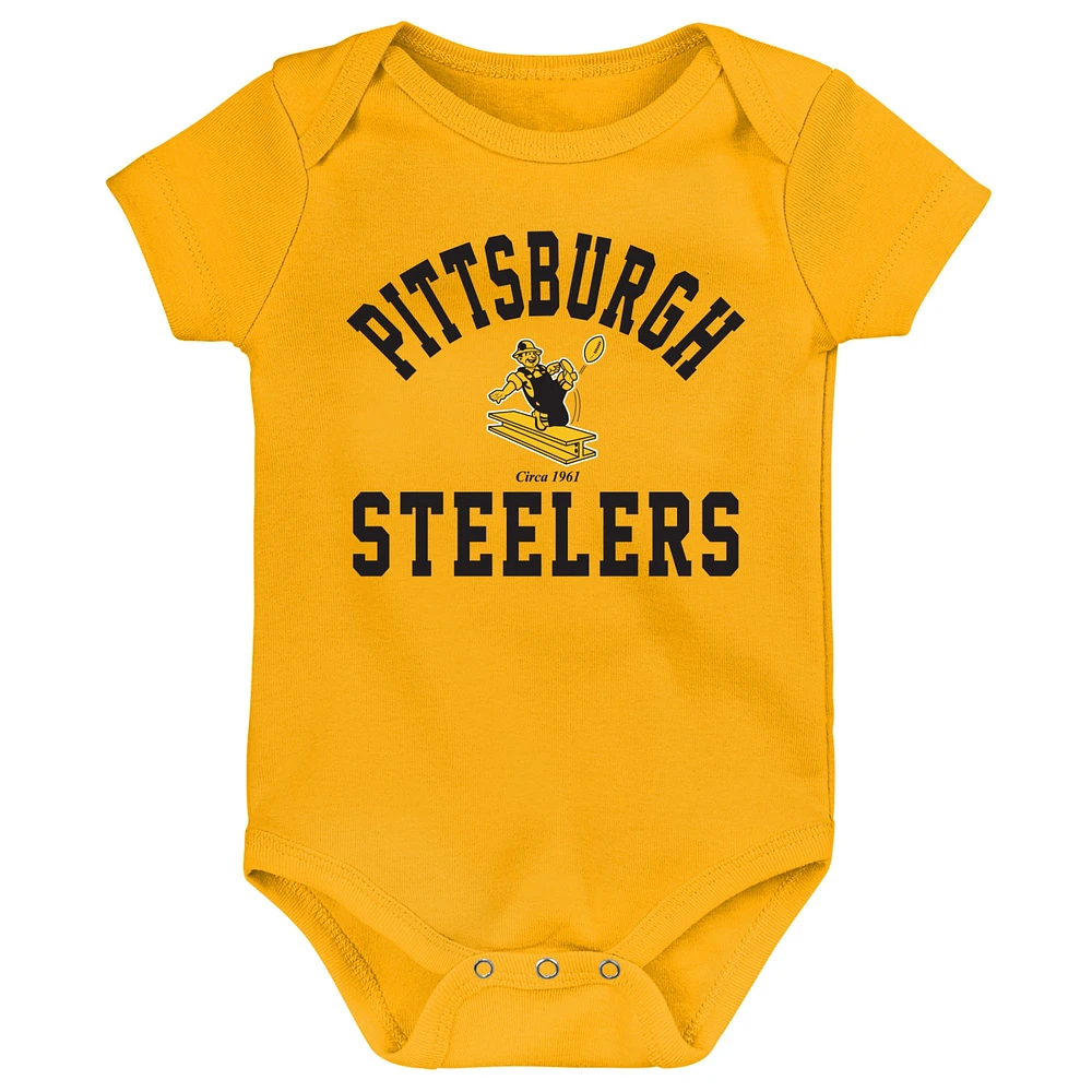 Lot de trois bodys rétro Eat, Sleep & Drool des Pittsburgh Steelers pour nouveau-nés et nourrissons, noir/doré/gris chiné