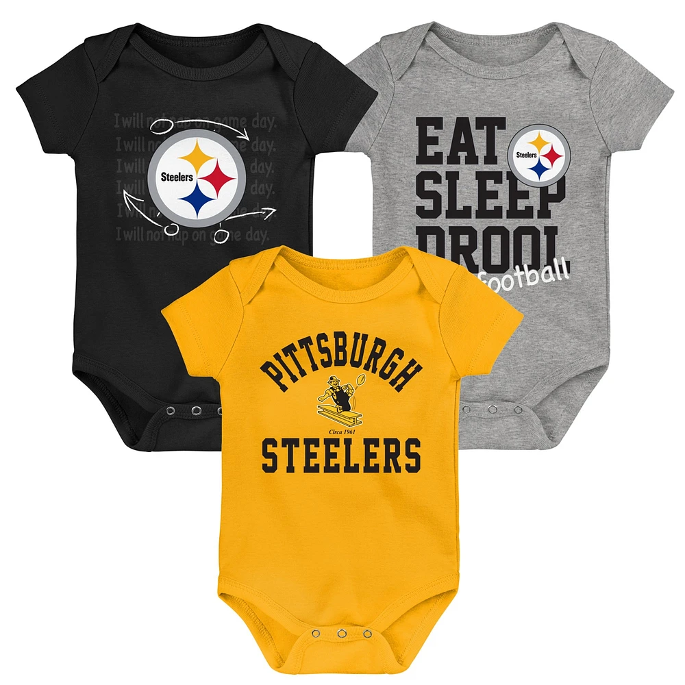 Lot de trois bodys rétro Eat, Sleep & Drool des Pittsburgh Steelers pour nouveau-nés et nourrissons, noir/doré/gris chiné