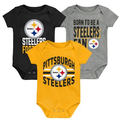 Newborn & Infant Black/Gold/Heathered Gray Pittsburgh Steelers Three-Piece 3rd Down Goal - Bodysuit Set