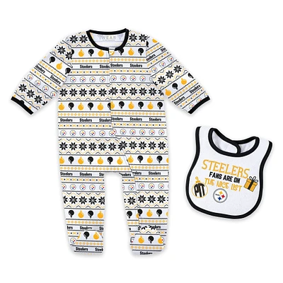 Ensemble pyjama et bavoir à fermeture éclair pour nouveau-né bébé par Erin Andrews Pittsburgh Steelers Allover Print