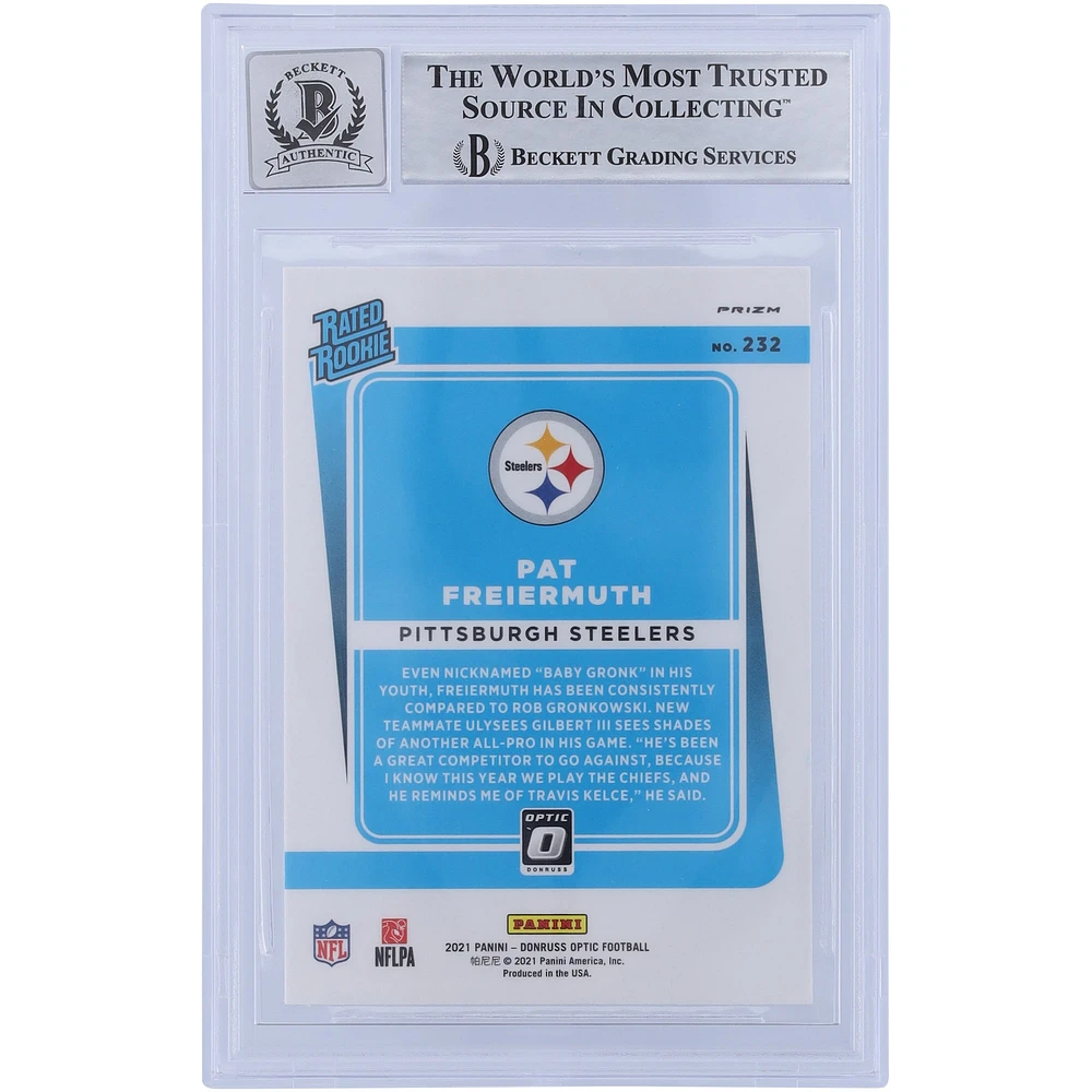 Carte de recrue Panini Donruss Optic Pink #232 Beckett autographiée 2021 par Pat Freiermuth des Pittsburgh Steelers, carte de recrue authentifiée 10 par les fanatiques de Beckett