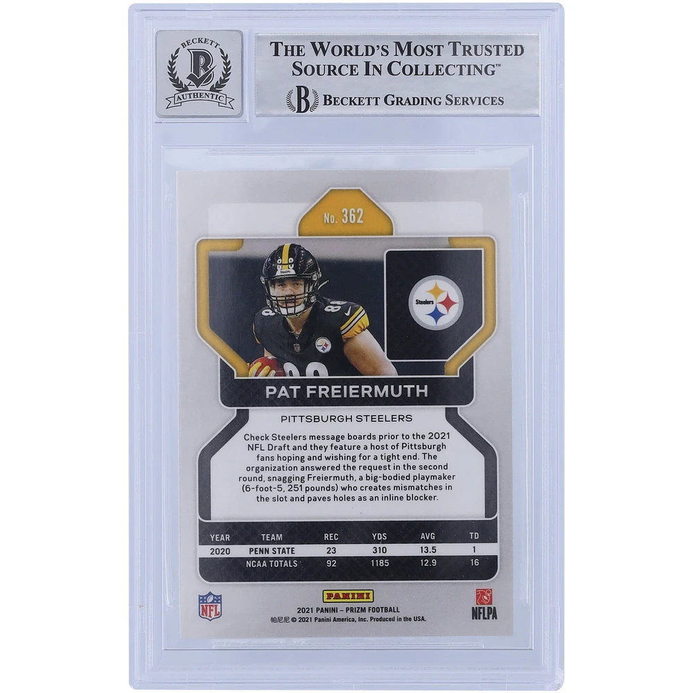 Carte de recrue Panini Prizm #362 2021 autographiée par Pat Freiermuth des Pittsburgh Steelers, Beckett Fanatics Witnessed Authenticated 10 Rookie