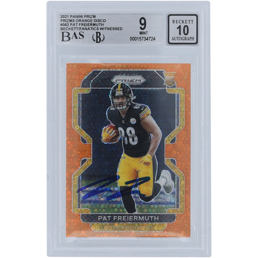 Carte de recrue 9/10 authentifiée signée Pat Freiermuth des Pittsburgh Steelers Panini Prizm Orange Disco #362 2021 Beckett Fanatics