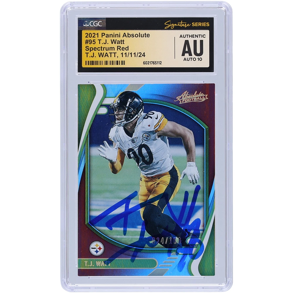 T.J. Watt Pittsburgh Steelers Autographed 2021 Panini Absolute Spectrum Red #95 #/100 CGC Fanatics Witnessed Authenticated Auto 10 Card