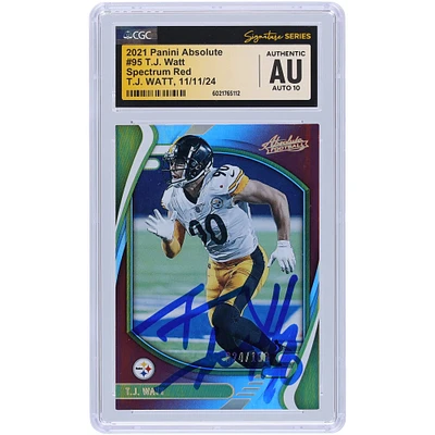 T.J. Watt Pittsburgh Steelers Autographed 2021 Panini Absolute Spectrum Red #95 #/100 CGC Fanatics Witnessed Authenticated Auto 10 Card