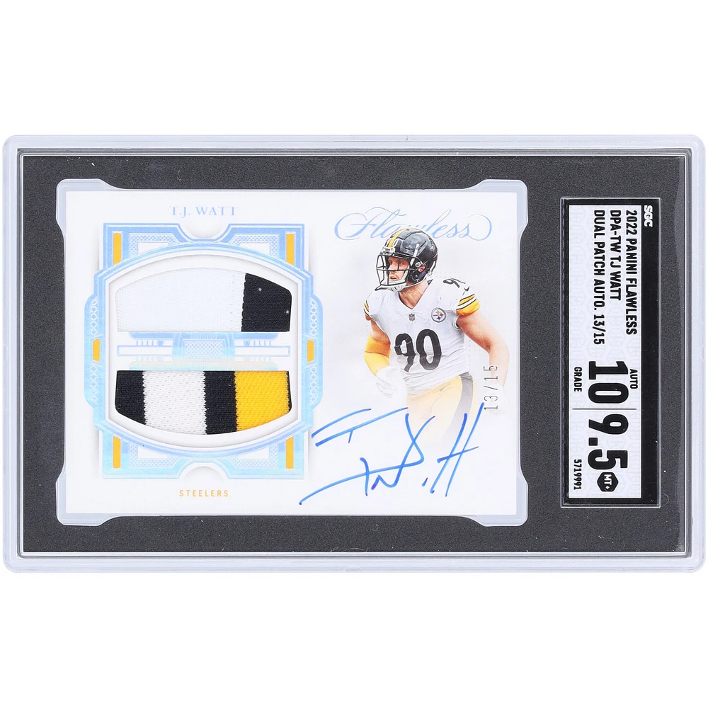Carte autographiée Panini Flawless Dual Patch 2022 des Pittsburgh Steelers de T.J. Watt, relique 3 couleurs #DPA-TW #13/15 SGC authentifiée 9,5/10