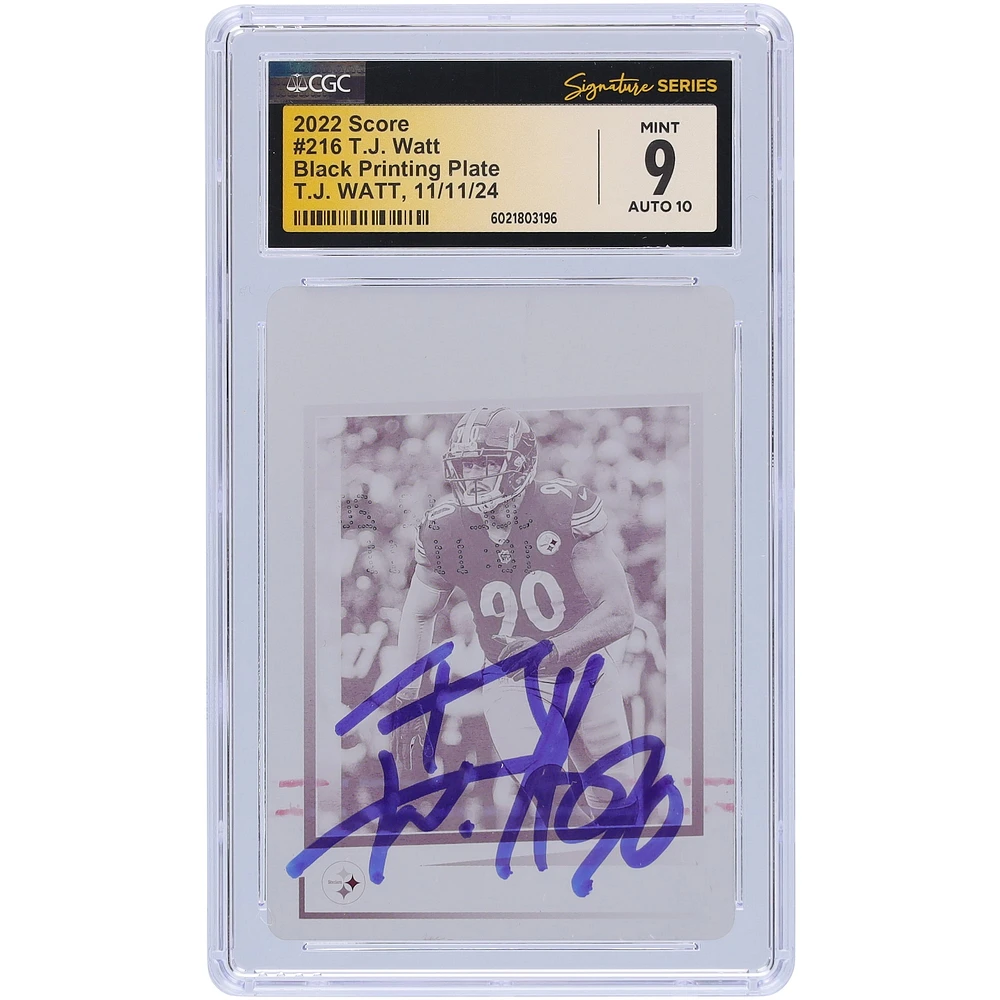 T.J. Watt Pittsburgh Steelers Autographed 2022 Panini Score Black Printing Plate #216 #1/1 CGC Fanatics Witnessed Authenticated 9/10 Card