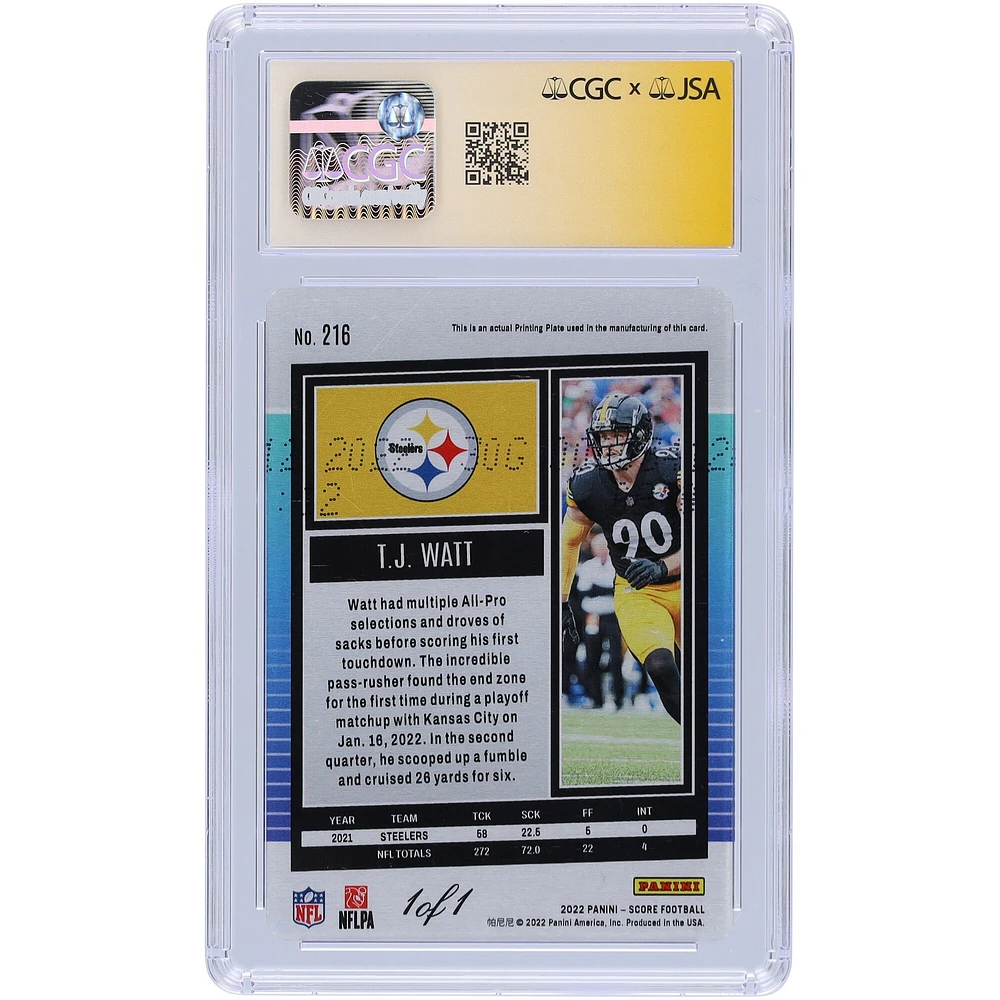 T.J. Watt Pittsburgh Steelers Autographed 2022 Panini Score Black Printing Plate #216 #1/1 CGC Fanatics Witnessed Authenticated 9/10 Card