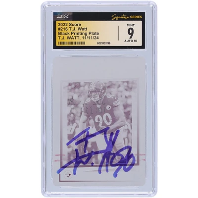 T.J. Watt Pittsburgh Steelers Autographed 2022 Panini Score Black Printing Plate #216 #1/1 CGC Fanatics Witnessed Authenticated 9/10 Card