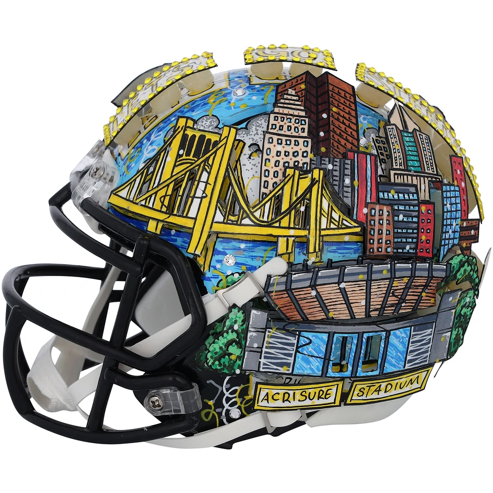 T.J. Watt Pittsburgh Steelers Autographed Riddell Speed Mini Helmet - Art by Charles Fazzino - GL68085461