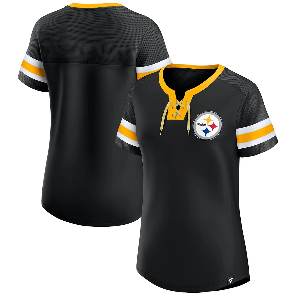 Women's Fanatics  Black Pittsburgh Steelers Lace-Up Bling T-Shirt