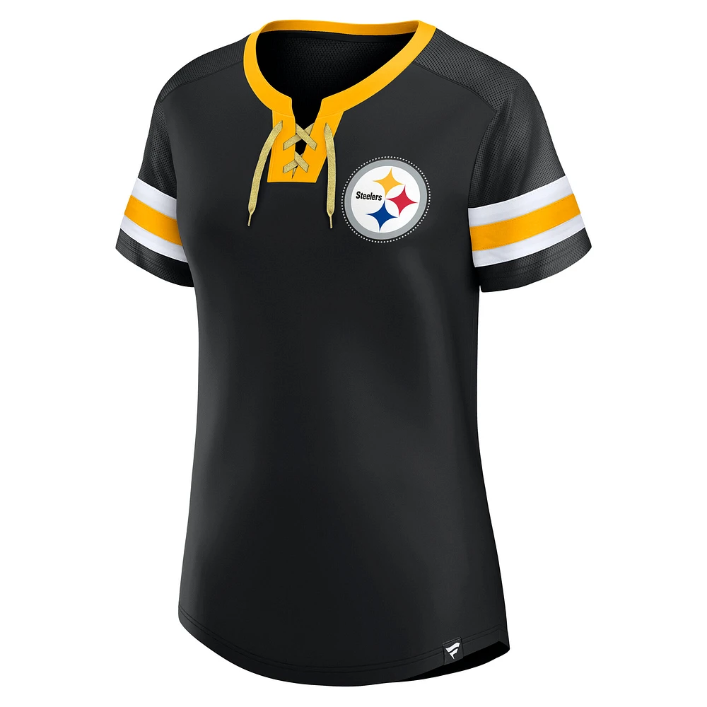Women's Fanatics  Black Pittsburgh Steelers Lace-Up Bling T-Shirt
