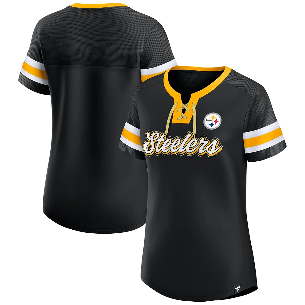 Women's Fanatics Black Pittsburgh Steelers True Catch Iconic Rhinestone Bling Athena Lace-Up T-Shirt
