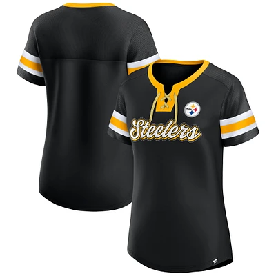 Women's Fanatics  Black Pittsburgh Steelers True Catch Iconic Rhinestone Bling Athena Lace-Up T-Shirt