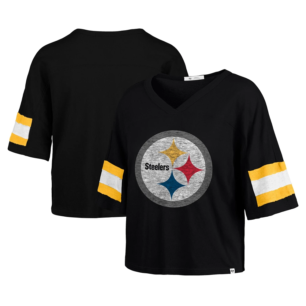 Women's '47 Black Pittsburgh Steelers  Double Header Scout Cropped V-Neck T-Shirt