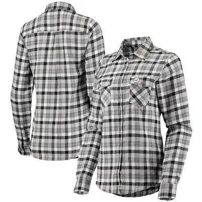 Pittsburgh Steelers Antigua Women's Ease Flannel Button-Up Long Sleeve Shirt - Black/Gray