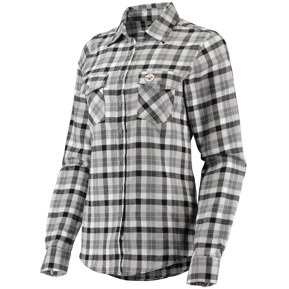 Pittsburgh Steelers Antigua Women's Ease Flannel Button-Up Long Sleeve  Shirt - Black/Gray