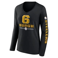 T-shirt à manches longues et col en V pour femme, motif Hometown Sweep des Pittsburgh Steelers, noir