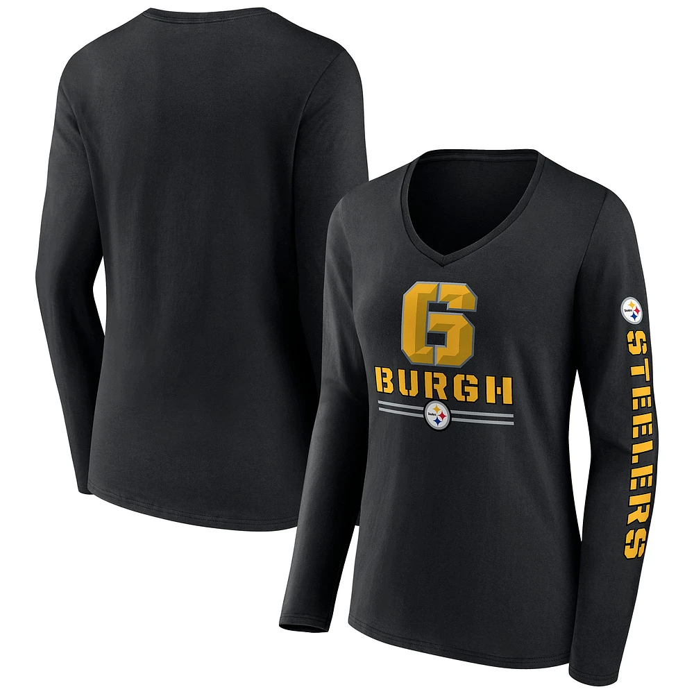 T-shirt à manches longues et col en V pour femme, motif Hometown Sweep des Pittsburgh Steelers, noir