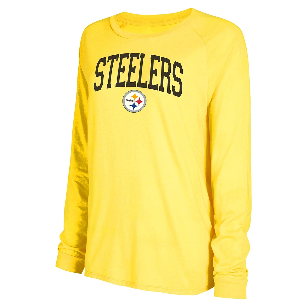 Ensemble de salon Concepts Sport pour femmes, t-shirt et short à manches longues raglan, noir/or, Pittsburgh Steelers