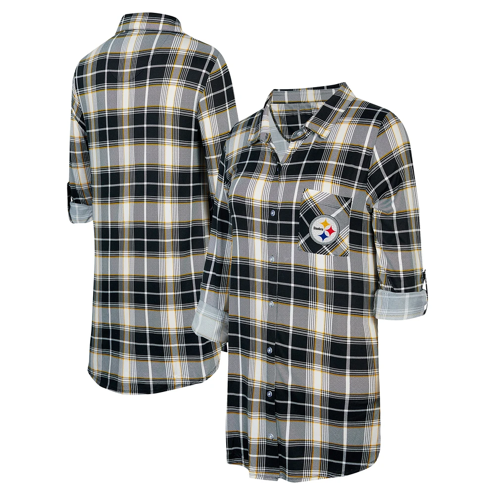 Women's Concepts Sport Black Pittsburgh Steelers Ashford Plaid Knit Nightshirt