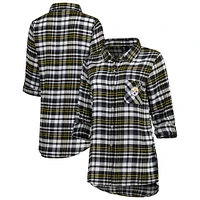 Women's Concepts Sport Black Pittsburgh Steelers Mainstay Plaid Full-Button Long Sleeve Nightshirt