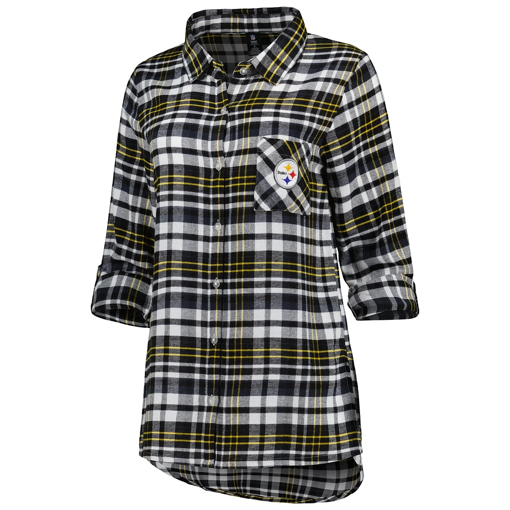 Chemise de nuit à carreaux et boutons pour femme Concepts Sport Black Pittsburgh Steelers Mainstay