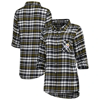 Chemise de nuit à carreaux et boutons pour femme Concepts Sport Black Pittsburgh Steelers Mainstay