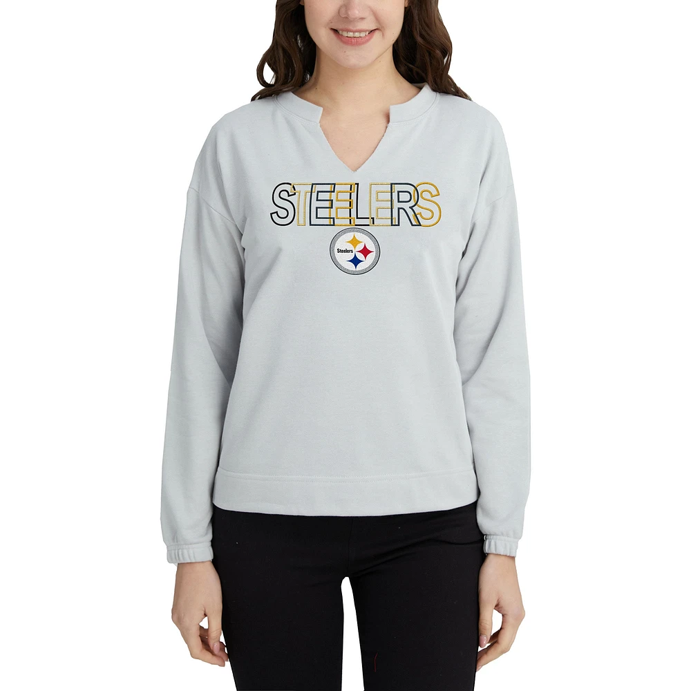 T-shirt à manches longues et col cranté Concepts Sport gris Pittsburgh Steelers Sunray pour femmes