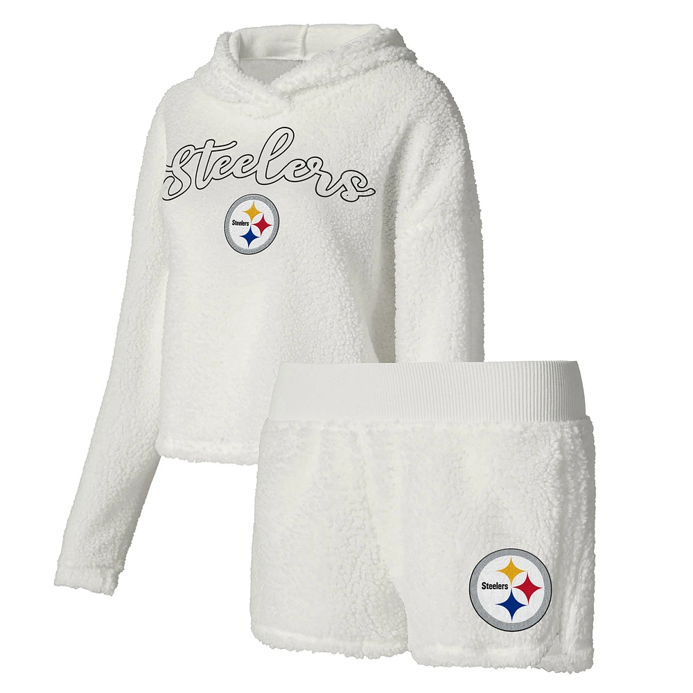 Women's Concepts Sport  White Pittsburgh Steelers Fluffy Pullover Sweatshirt & Shorts Sleep Set