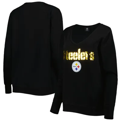 Pittsburgh Steelers Cuce Women's Sequin Logo V-Neck Pullover Sweatshirt - Black