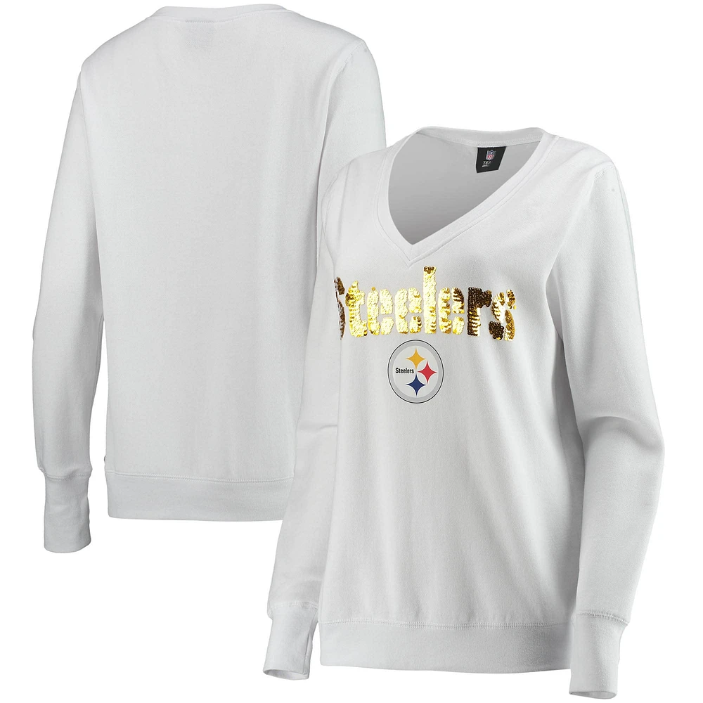 Women's Cuce White Pittsburgh Steelers Victory V-Neck Pullover Sweatshirt