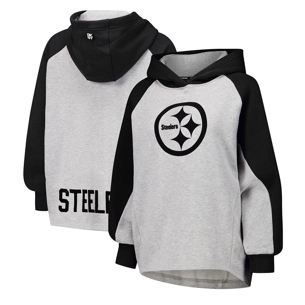 Sweat à capuche court raglan DKNY Sport gris/noir pour femme des Pittsburgh Steelers Joy