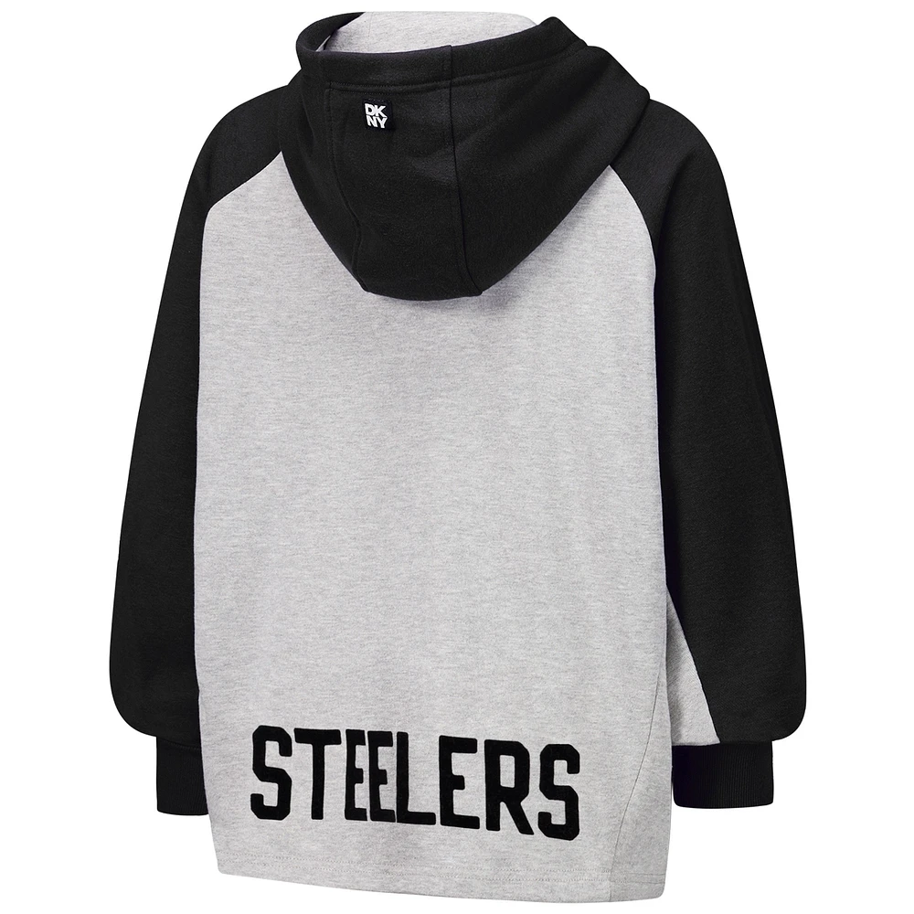 Sweat à capuche court raglan DKNY Sport gris/noir pour femme des Pittsburgh Steelers Joy