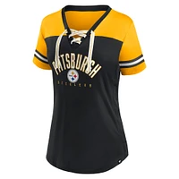 T-shirt en jersey à lacets et col V Fanatics pour femmes, noir/or, Pittsburgh Steelers Blitz & Glam