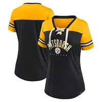 T-shirt en jersey à lacets et col V Fanatics pour femmes, noir/or, Pittsburgh Steelers Blitz & Glam