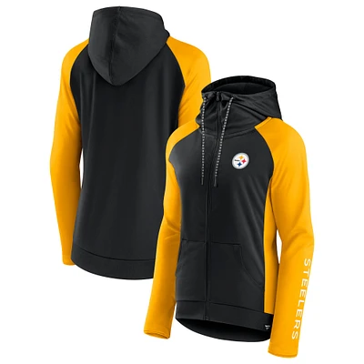 Veste à capuche légère raglan entièrement zippée pour femmes Fanatics noir/or Pittsburgh Steelers End Around