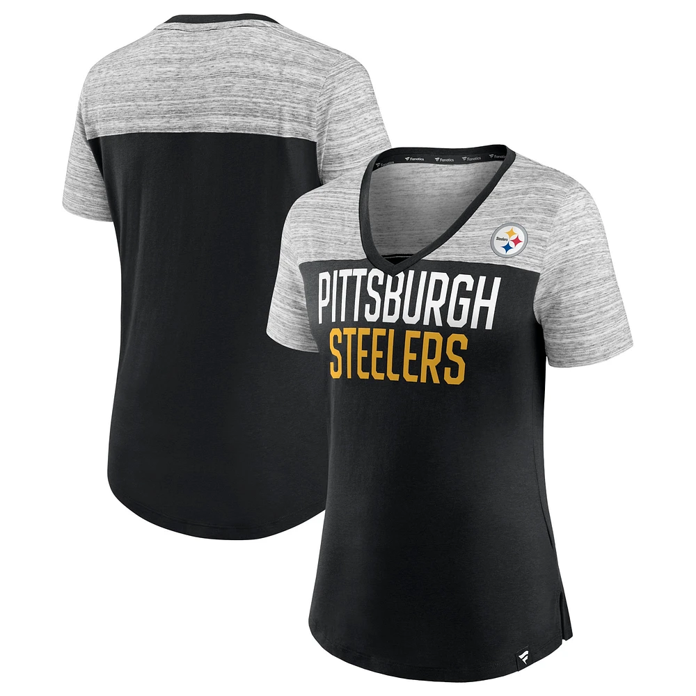 T-shirt à col en V Fanatics pour femmes, noir/gris chiné, Pittsburgh Steelers Close Quarters