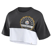 T-shirt court fendu de couleur boxy Fanatics pour femmes, noir/blanc, Pittsburgh Steelers