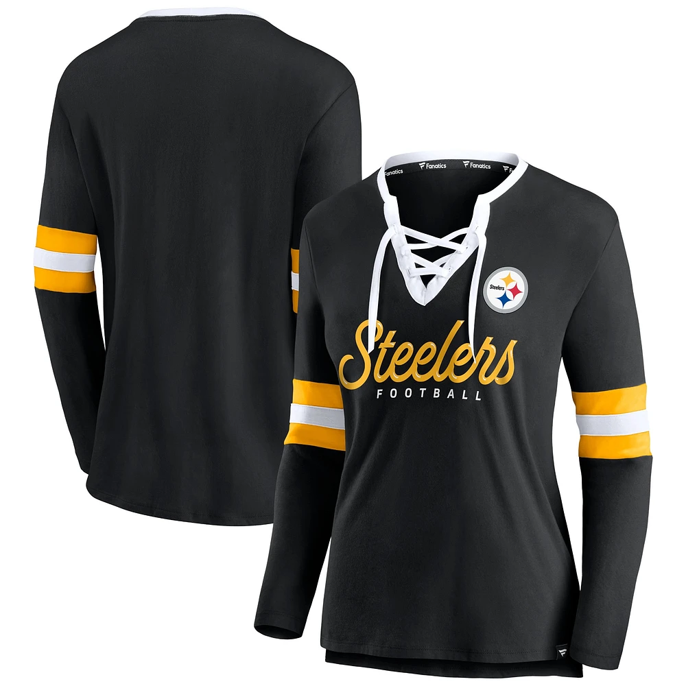 Women's Fanatics Black Pittsburgh Steelers Block Party Team Script Lace-Up Long Sleeve T-Shirt