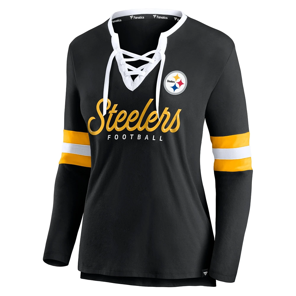 Women's Fanatics Black Pittsburgh Steelers Block Party Team Script Lace-Up Long Sleeve T-Shirt