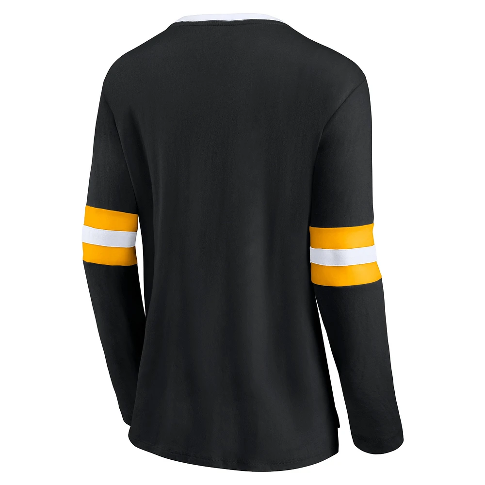 Women's Fanatics Black Pittsburgh Steelers Block Party Team Script Lace-Up Long Sleeve T-Shirt