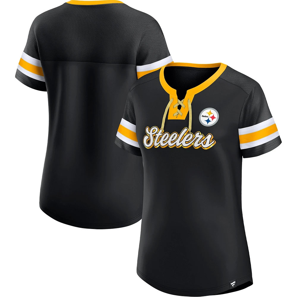 T-shirt à lacets Fanatics noir Pittsburgh Steelers Original State pour femmes